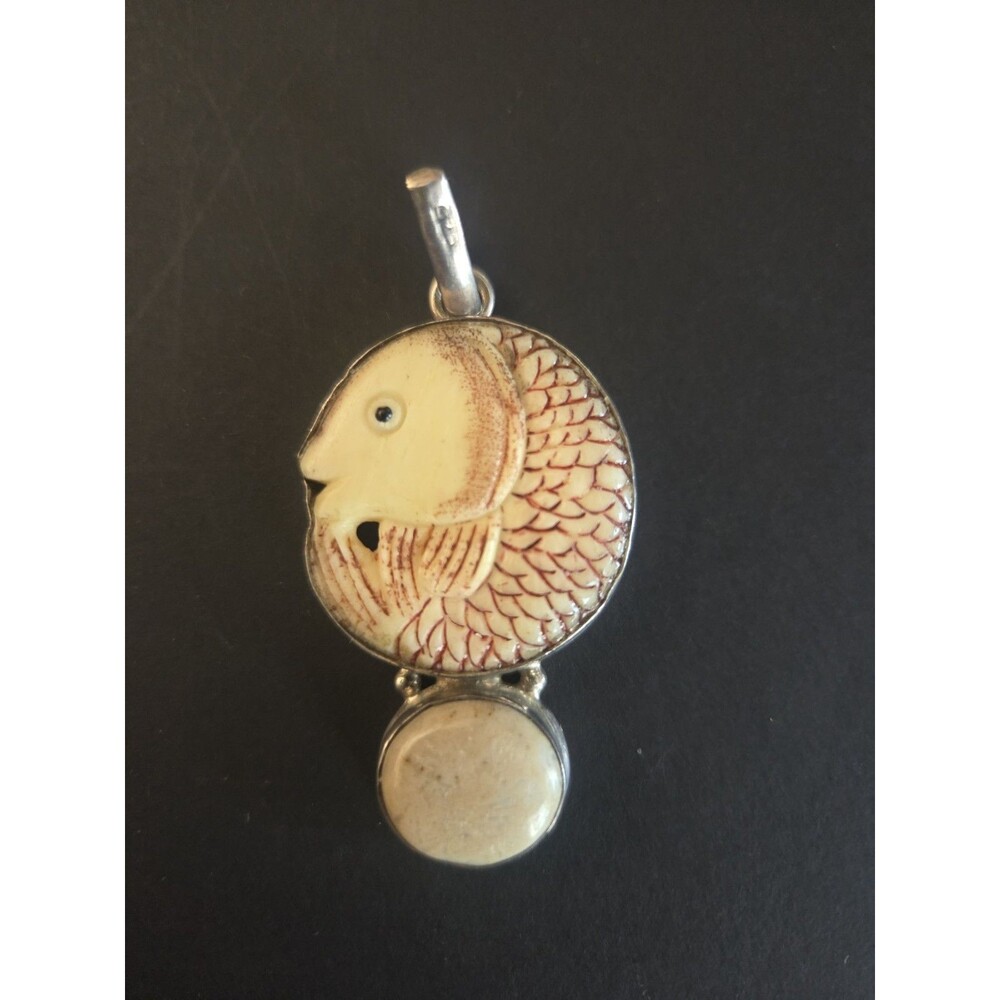 Vintage Hand-Carved Bone Fish Pendant Sterling Silver 925 Artisan Koi Carp